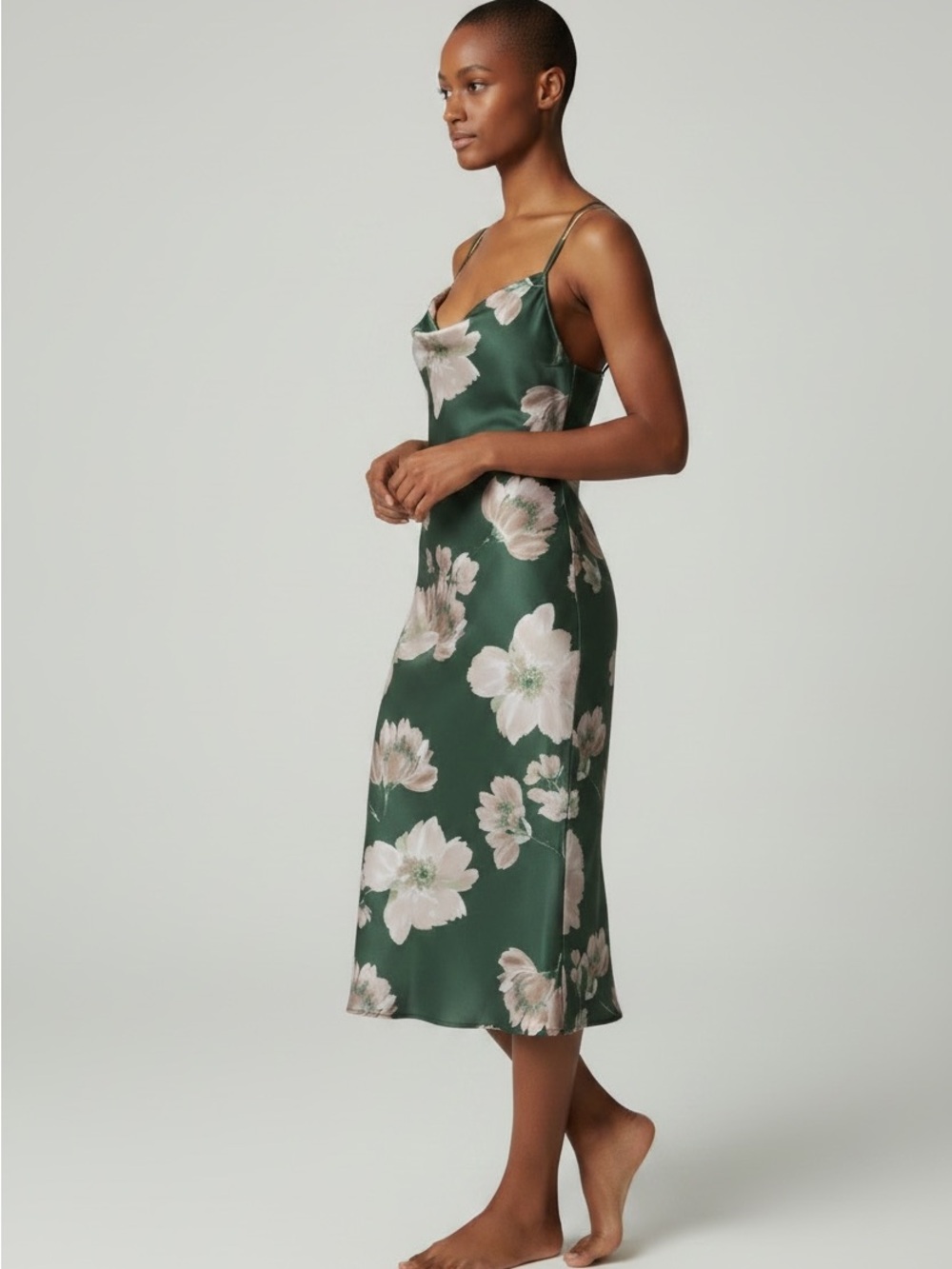 bebe Green Floral Satin Cowl Slip Dress